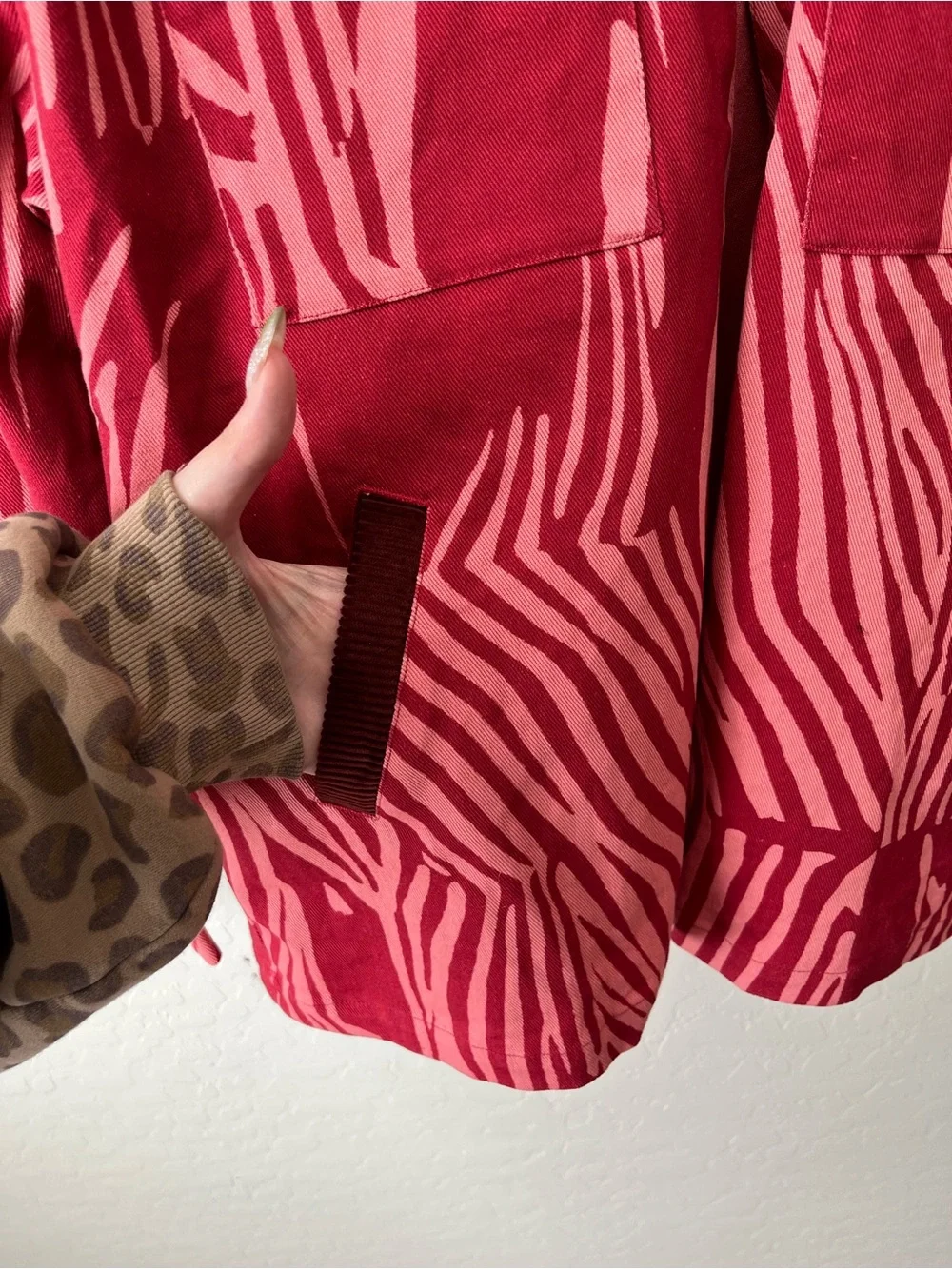 Anthropologie Bel Kazan Printed Eclectic Barn Chore Jacket Corduroy Collar Pink